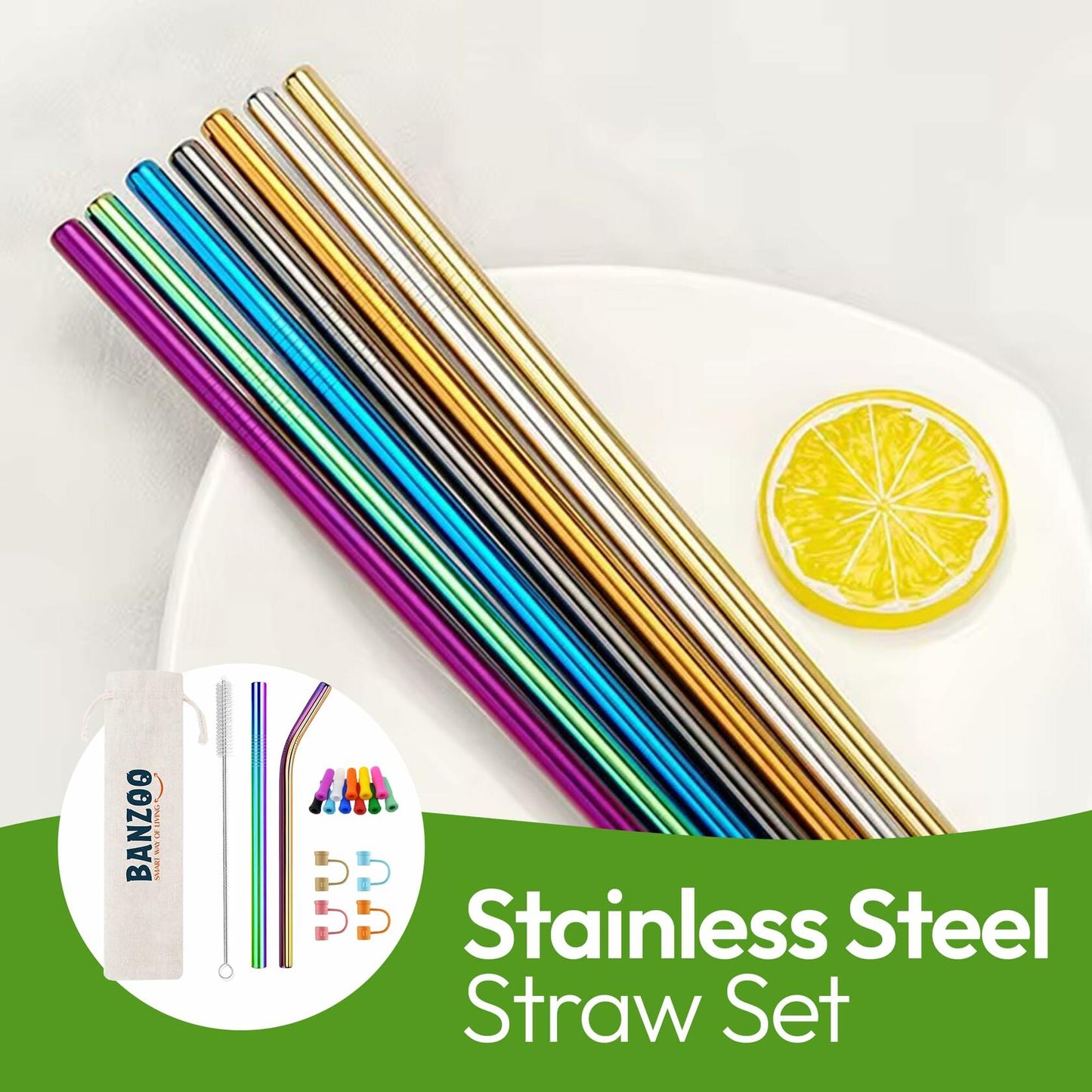 Reusable Stainless Steel Drinking Straws Rainbow 10.5" & 8.5" with Tips Case