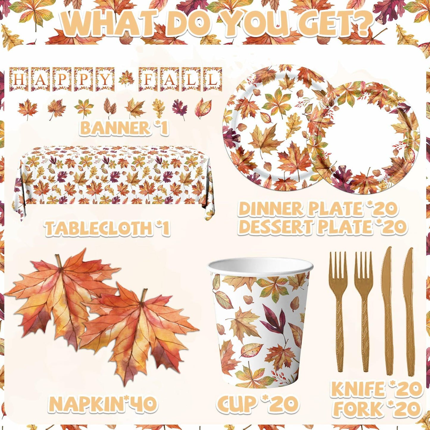 Guzbewu Fall Leaves Paper Plates Napkins Set 142pcs Orange White Autumn