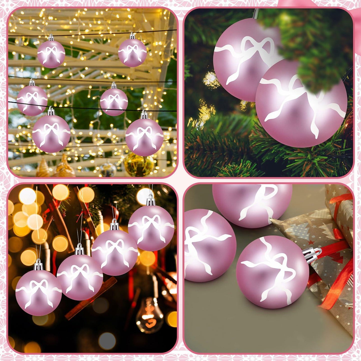 Sosation 24 Pink White Bow Ball Ornaments 1.97 Inch Christmas Tree Decor
