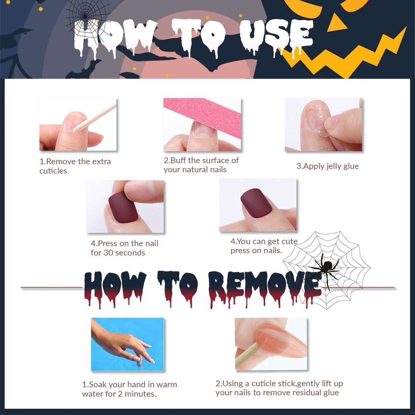 HPYFOI Halloween Press On Nails Long Coffin Matte Spider Web Ghost 24Pc