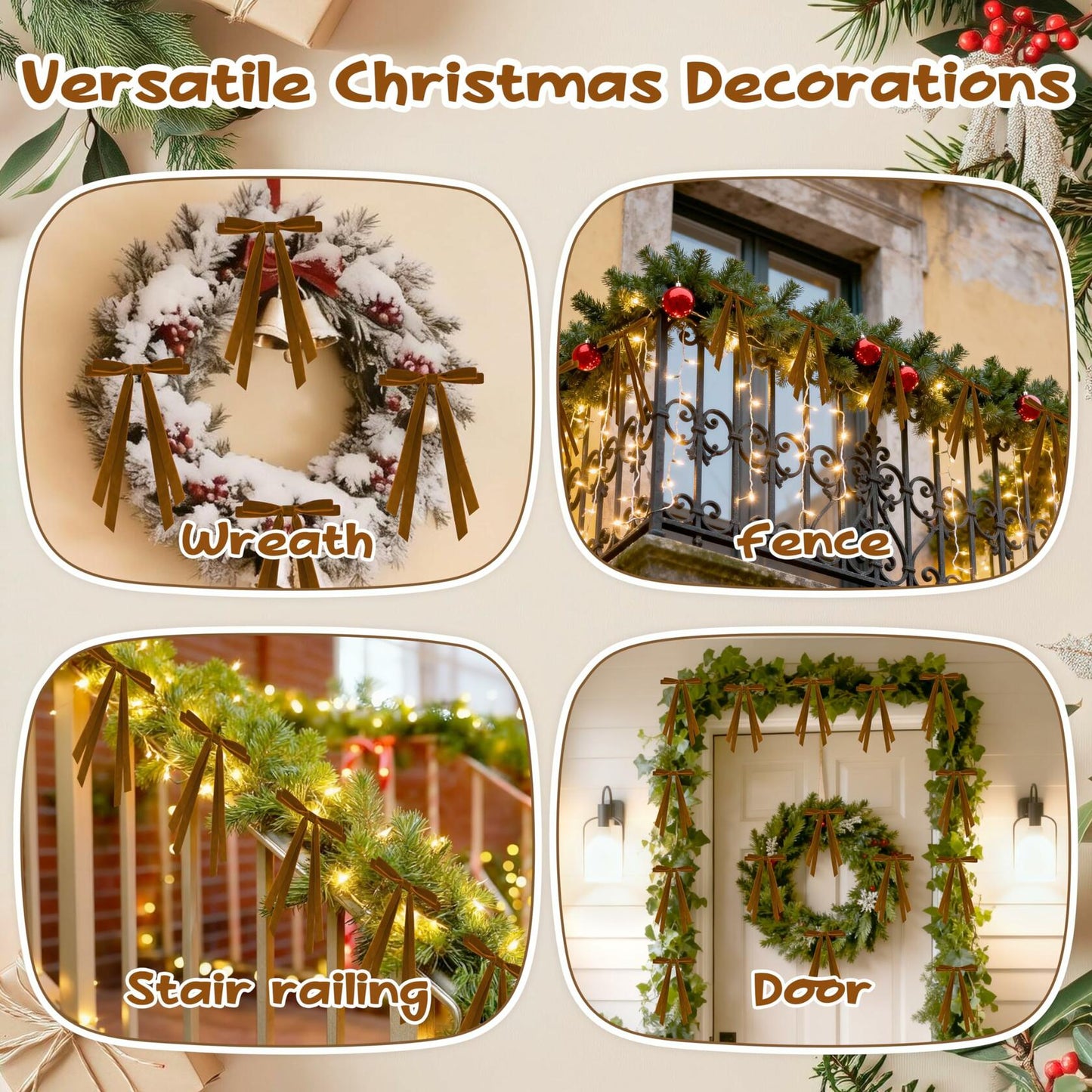 CUPLOOV 24 Pcs Brown Velvet Ribbon Bows 5x7 Inch Christmas Tree Decor