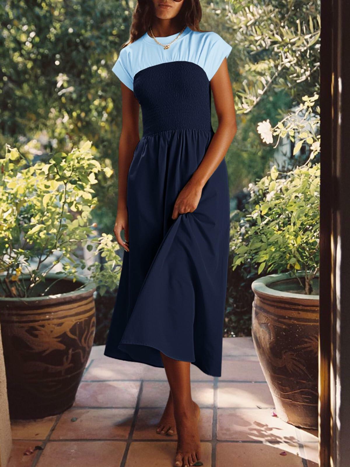 Wenrine Womens Casual Summer Midi Dress Smocked Cap Sleeve Navy Size S