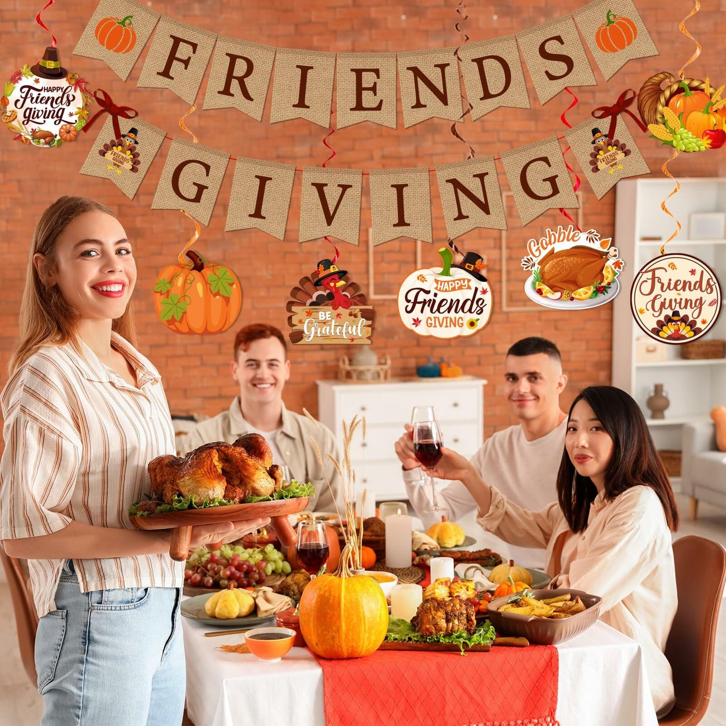 Friendsgiving Party Decorations Banner Hanging Swirls Turkey Pumpkin Maple