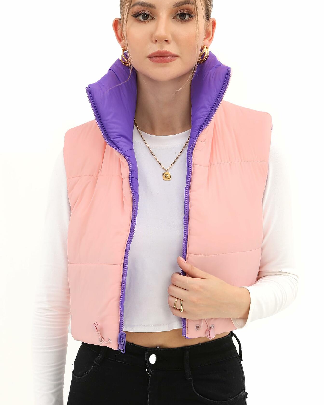 Xeoxarel Women's Puffer Vest Sleeveless Warm Outerwear Purple Pink Size XL