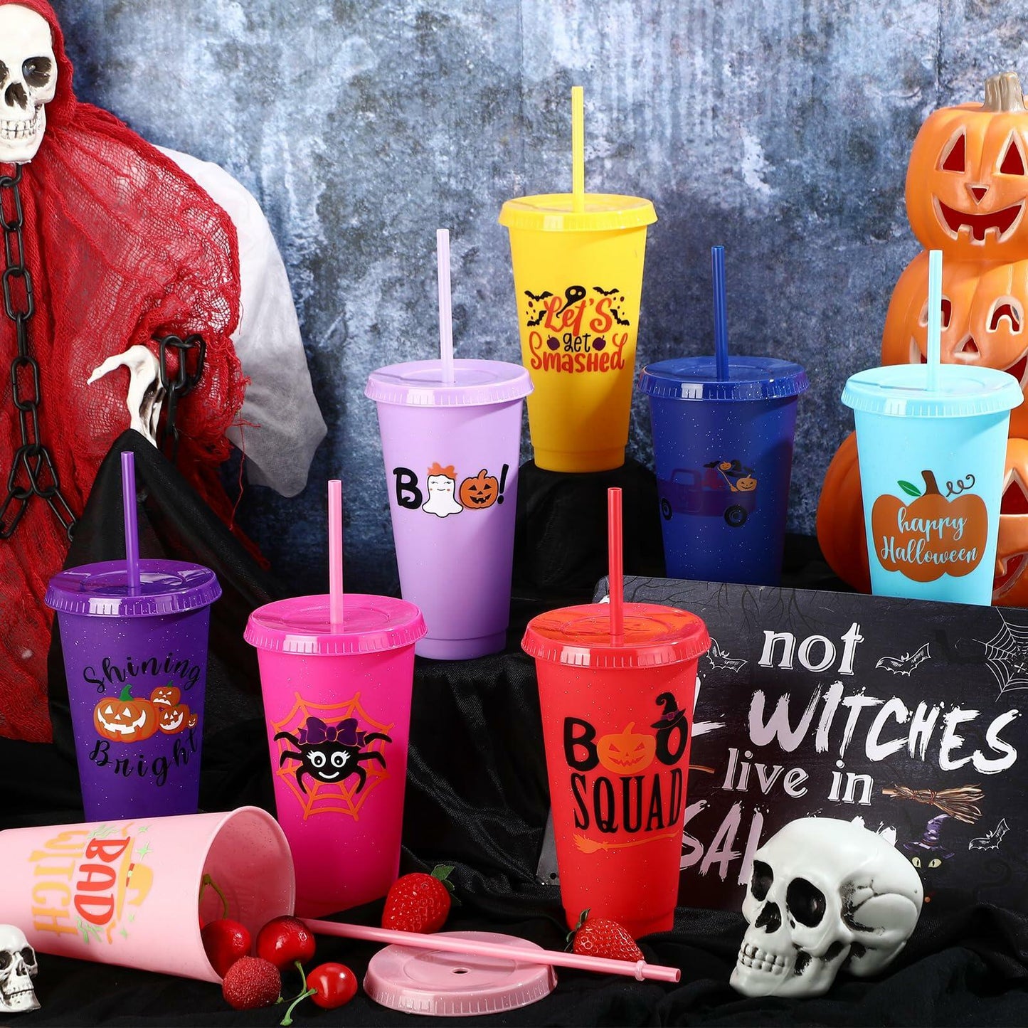 SiliFine 24oz Reusable Plastic Halloween Cups with Lid & Straw 24 Pcs