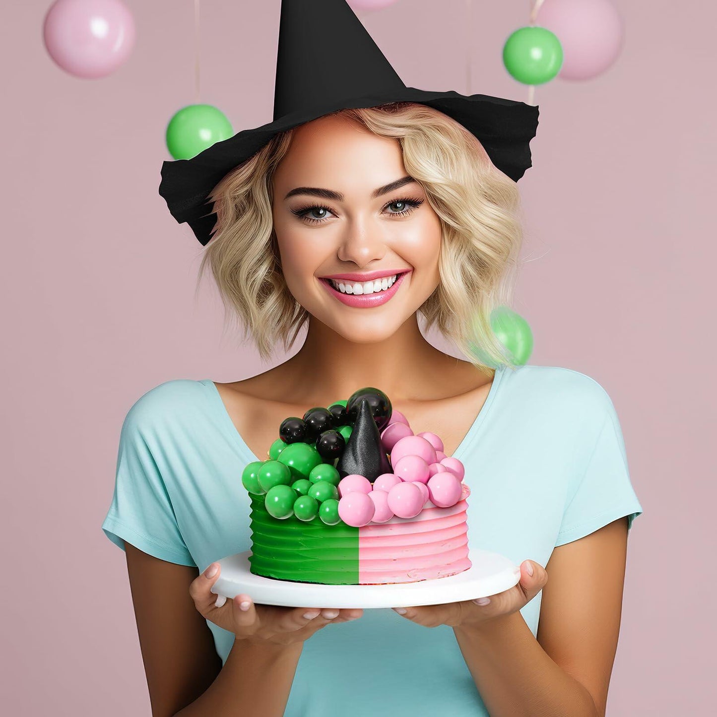 Leinuosen 97 Pcs Witch Party Supplies Pink Green Balloons Mini Toppers Black Hat