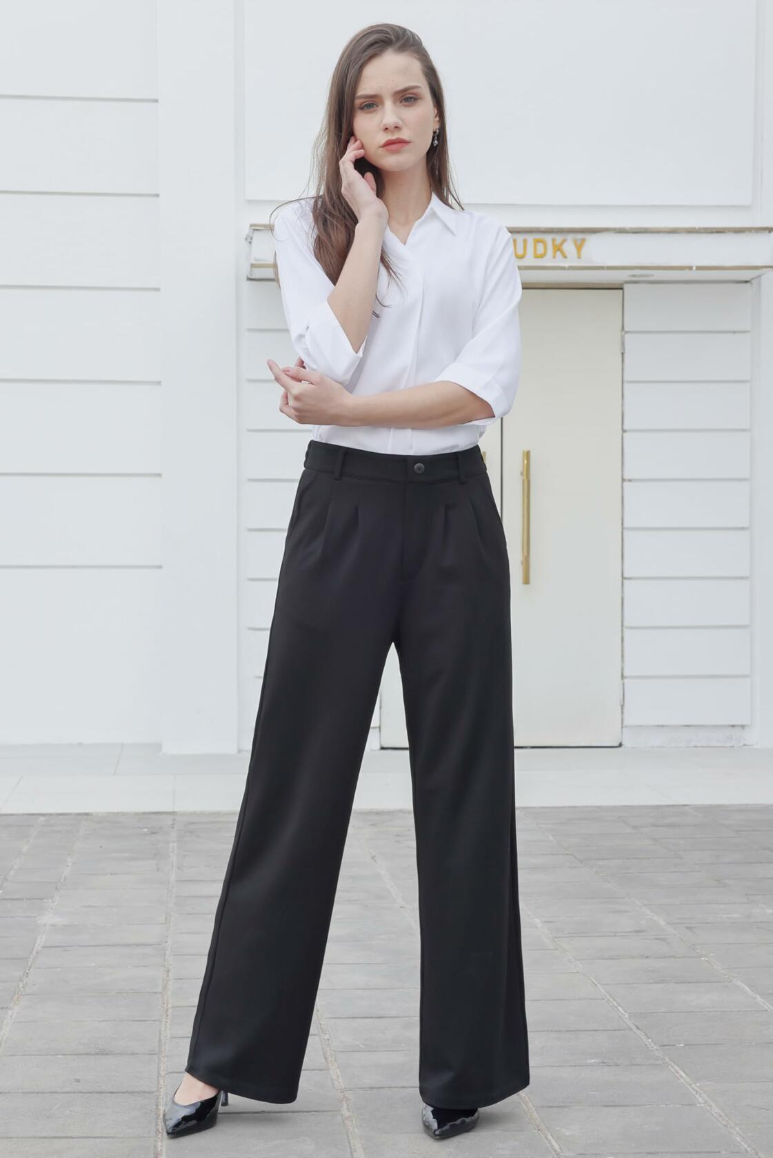 Bamans Wide Leg Dress Pants High Elastic Waist Curvy Women Black Size S