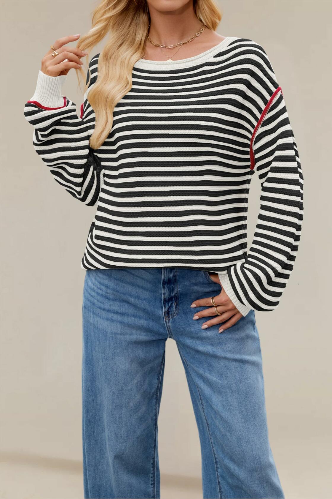 Koimcuiy Womens Striped Oversized Sweater Boat Neck Lightweight White&White XL