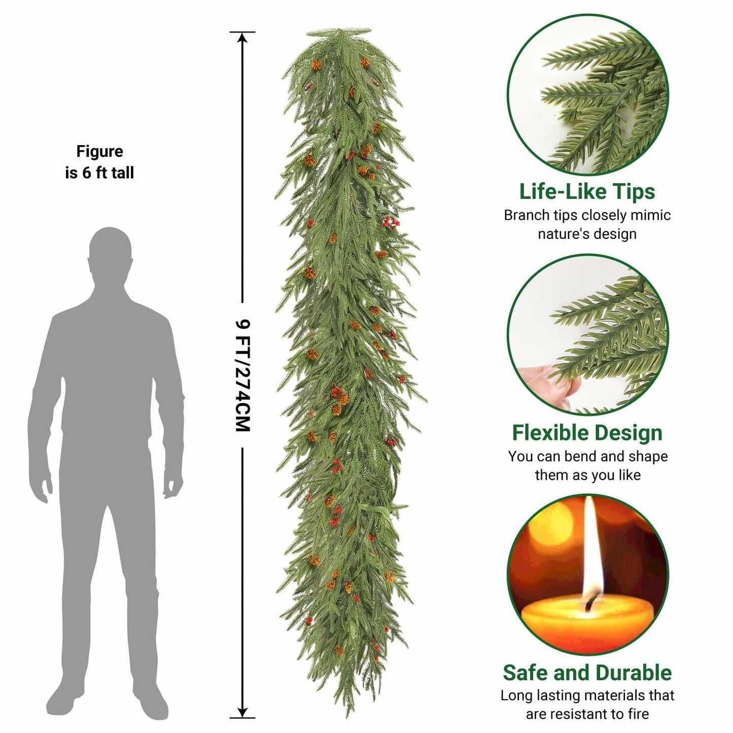 SHareconn 9FT Artificial Norfolk Pine Garland with Pine Cones Red Berries Green