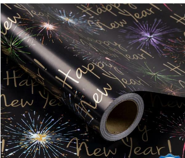RUSPEPA New Year Wrapping Paper Roll Black Gold 17.5in x 32.8ft Mini Roll