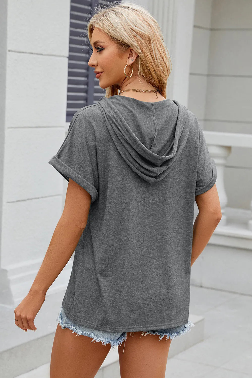 Solid color hooded button loose short sleeved T-shirt top for women