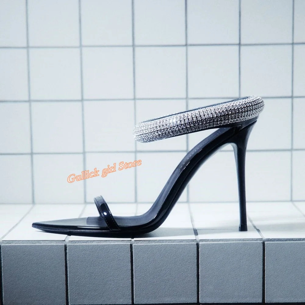 Top Quality Crystal Strap Stiletto Sandals Sexy Pointed Toe Black Patend Leather Slip On Fashion Summer New Arrivals Shoes