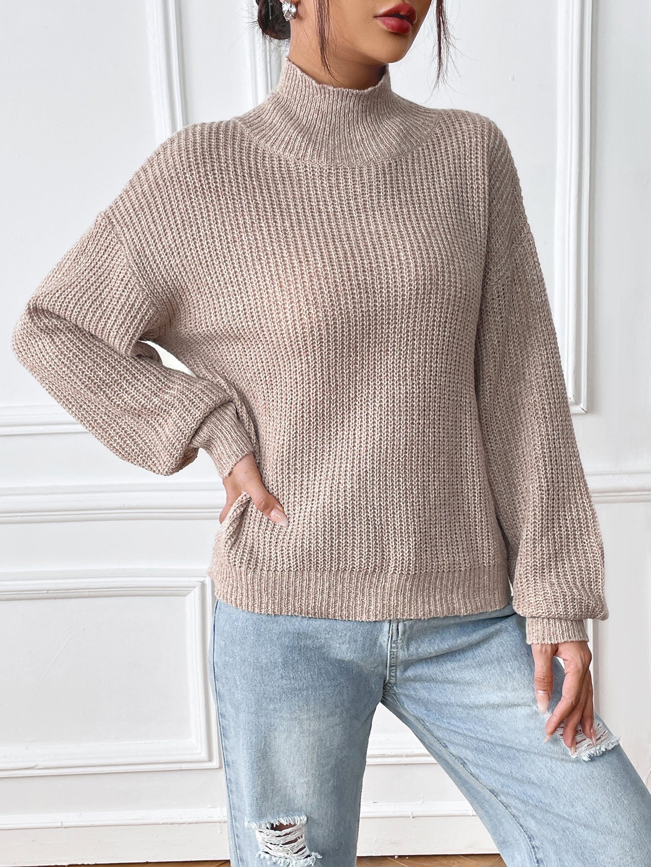 Women's semi high neck pullover sweater with mixed colors and floral patterns for autumn and winter base