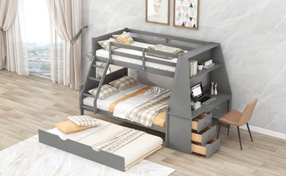 Twin over Full Bunk Bed with Trundle and Built-in Desk, Three Storage Drawers and Shelf,Gray
