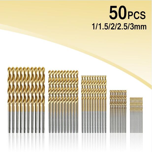 50Pcs Titanium Coated Drill Bits HSS High Speed Steel Drill Bits Set Tool High Quality Power Tools 1/1.5/2/2.5/3mm