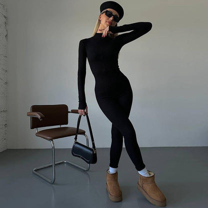 Women's Fashion Zipper Chest Slim-Fit Long-Sleeve Stretch Jumpsuit