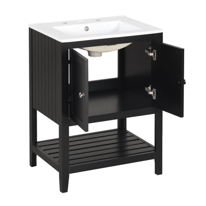 24" Black Modern Sleek Bathroom Vanity Elegant Ceramic Sink with Solid Wood Frame Open Style Shelf