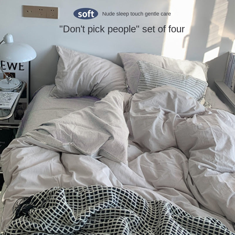 Solid Color Simple Four-Piece Set Flannel Quilt Cover INS Style Quilt Cover Dormitory Summer Washed Cotton Bedding Three-Piece Set