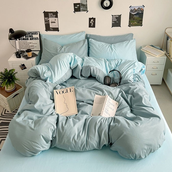 Washed Cotton Solid Color Double Spliced Four-Piece Bedding Set - Sheet, Quilt Cover, Pillowcases for Employee and Dormitory Use