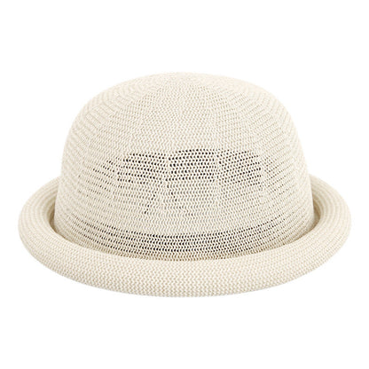 Women's Straw Yarn Curled Brim Round Crown Top Hat Leisure Basin Hat