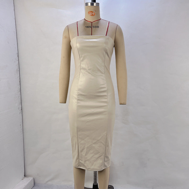 Women's Solid Color PU Leather Sexy Strapless Waist-Cinching Bodycon Dress