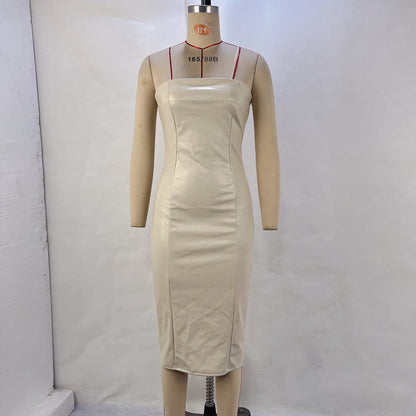 Women's Solid Color PU Leather Sexy Strapless Waist-Cinching Bodycon Dress