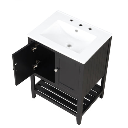 24" Black Modern Sleek Bathroom Vanity Elegant Ceramic Sink with Solid Wood Frame Open Style Shelf