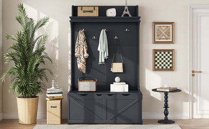 Hall tree with storage desk, entrance desk with drawers and 5 hooks, display rack, dark blue
