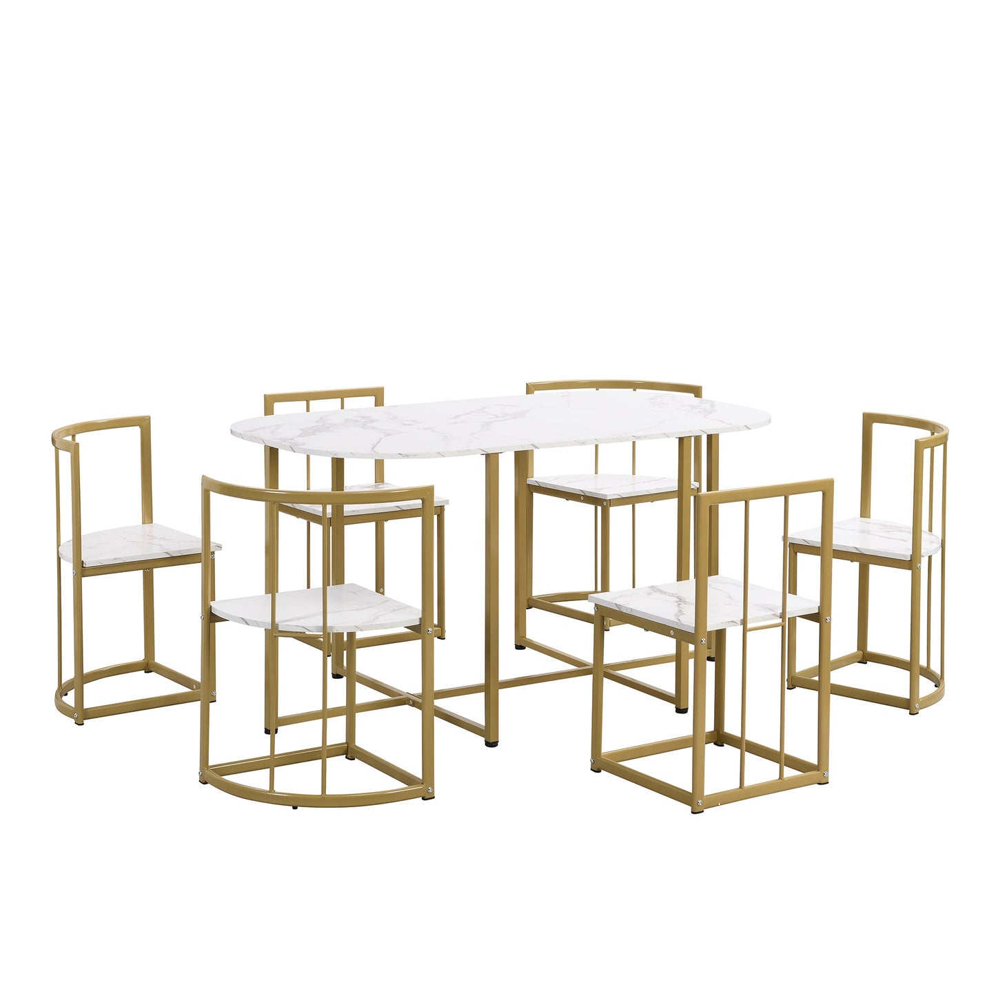 TOPMAX Modern 7-Piece Dining Table Set with Faux Marble Compact 55Inch Kitchen Table Set for 6  Golden+White