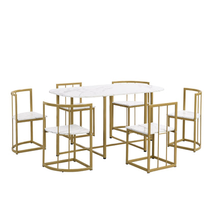 TOPMAX Modern 7-Piece Dining Table Set with Faux Marble Compact 55Inch Kitchen Table Set for 6  Golden+White