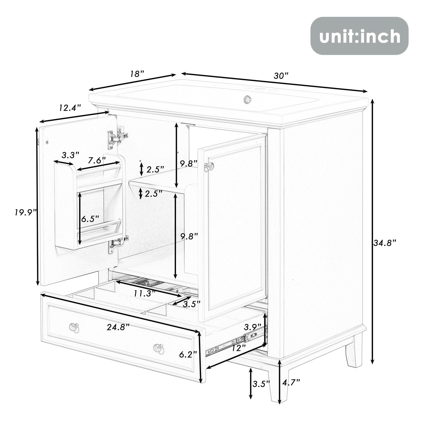 30inchgrey Bathroom Vanity with Sink ComboMulti-functional Bathroom Cabinet with Doors and Drawer Solid Frame and MDF Board