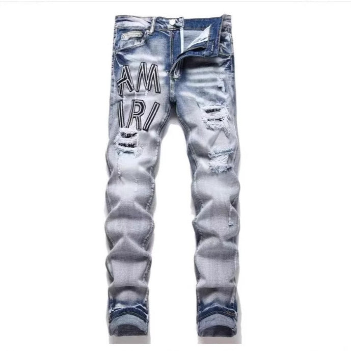 Punk Retro Blue Ripped Slim Fit Men's Jeans