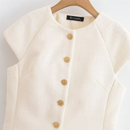 Fashionable Casual Round Neck Versatile Vest with Front Button Closure for Women