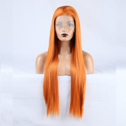 Long Straight Hair 13*2.5 Orange Chemical Fiber Front Lace Wig Head Cover Natural Hairline