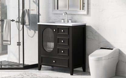 30" Bathroom Vanity with Sink, Bathroom Vanity Cabinet with Three Drawers and Door, Solid Wood and MDF, Black