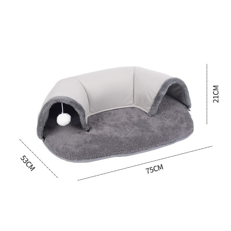 Cat Tunnel With Soft Plush Attached Mat And Hanging Ball