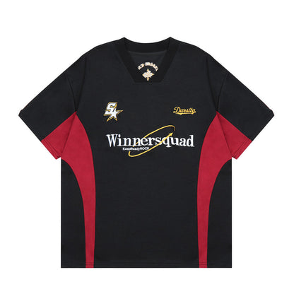 Color Block Splicing V-Neck Sports Short Sleeve T-Shirt Men's Letter Embroidery Breathable Quick-Dry Loose Casual Top