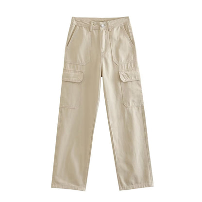Women's Straight Solid Color Pocket Loose Casual Pants