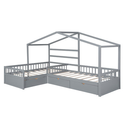 Twin Size House Platform Bed with Three Storage Drawers Gray