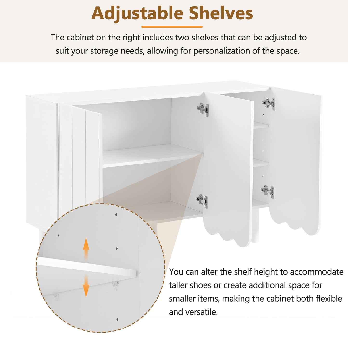 ON-TRANS Cream Style Shoe Cabinet with 5 Adjustable Solid Wood Legs, Large Storage Cabinet with Wave Doors, White