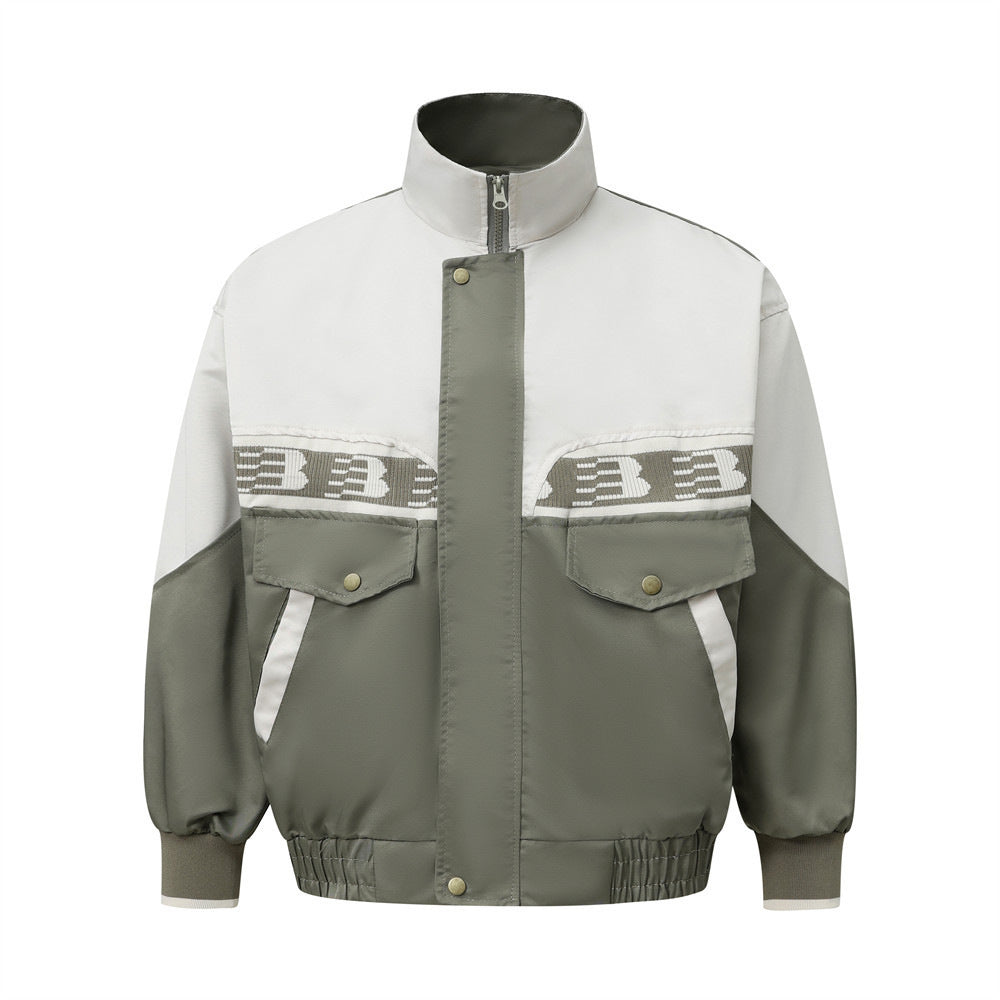 European And American Color Contrast Patchwork Workwear Stand-up Collar Jacket