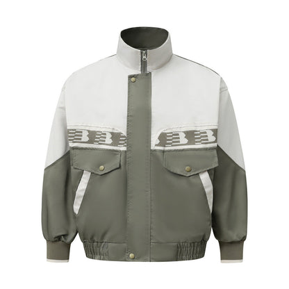 European And American Color Contrast Patchwork Workwear Stand-up Collar Jacket