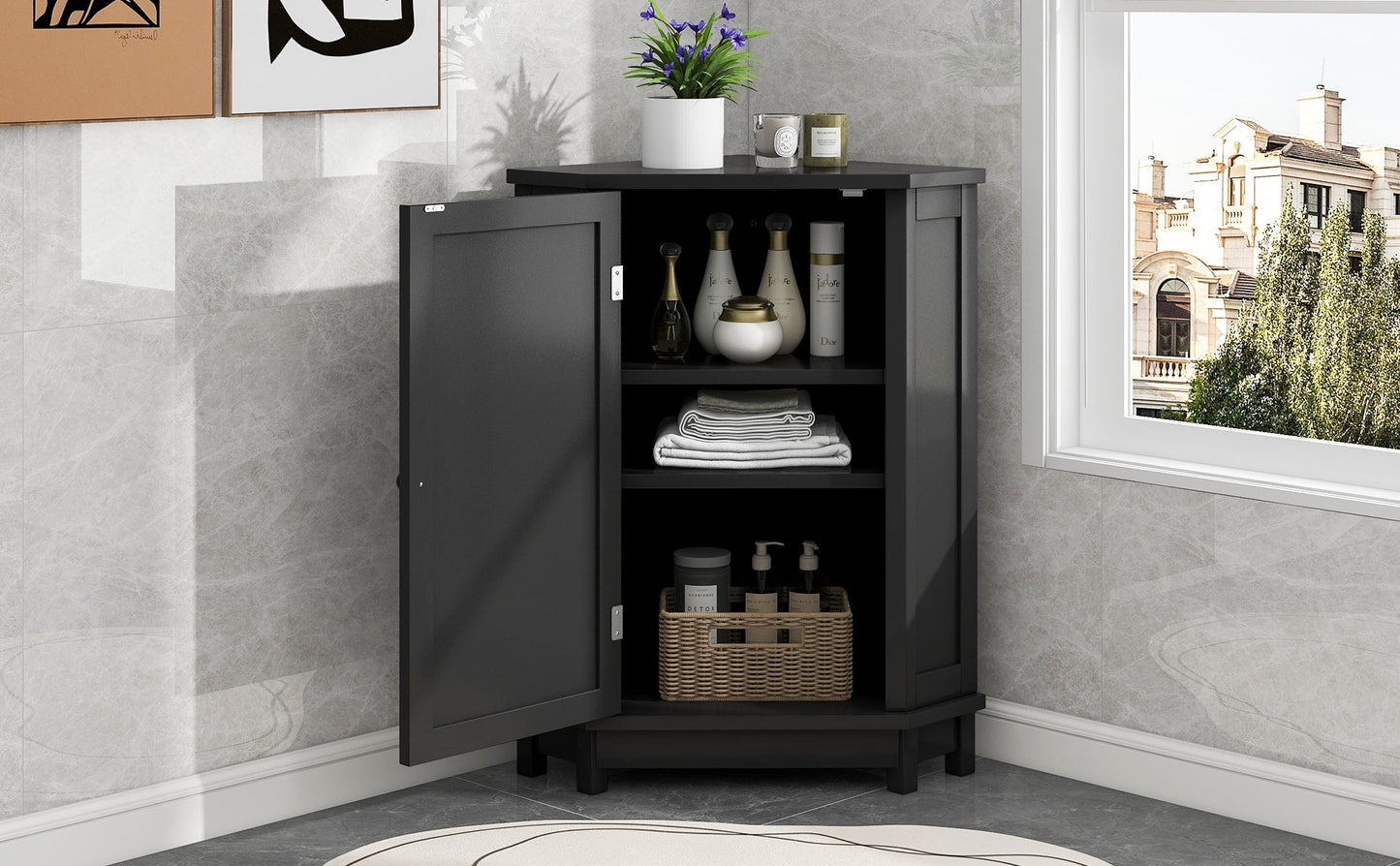 Black Bathroom Cabinet Triangle Corner Storage Cabinet with Adjustable Shelf Modern Style MDF Board