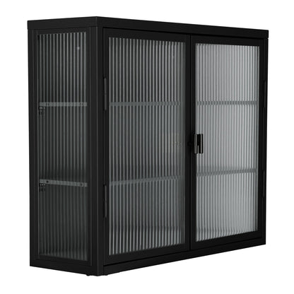 Retro Style Haze Double Glass Door Wall Cabinet With Detachable Shelves for Office Dining Room Living Room