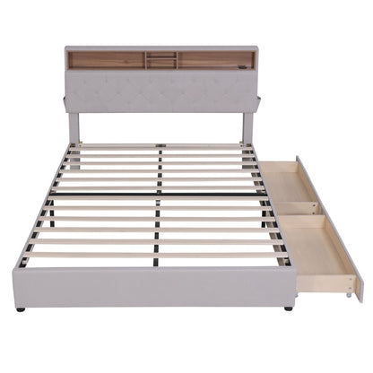 Queen Size Upholstered Platform Bed with Storage Headboard  LED  USB Charging and 2 Drawers  Beige
