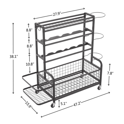 Four layer metal storage rack, large ball storage rack with rollers, baskets, and hooks
