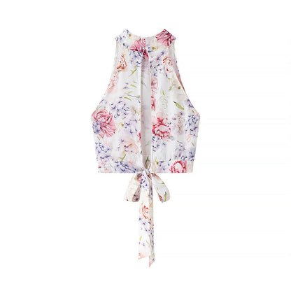 Fashionable and Sexy Halter Sleeveless Top with Floral Print Skirt