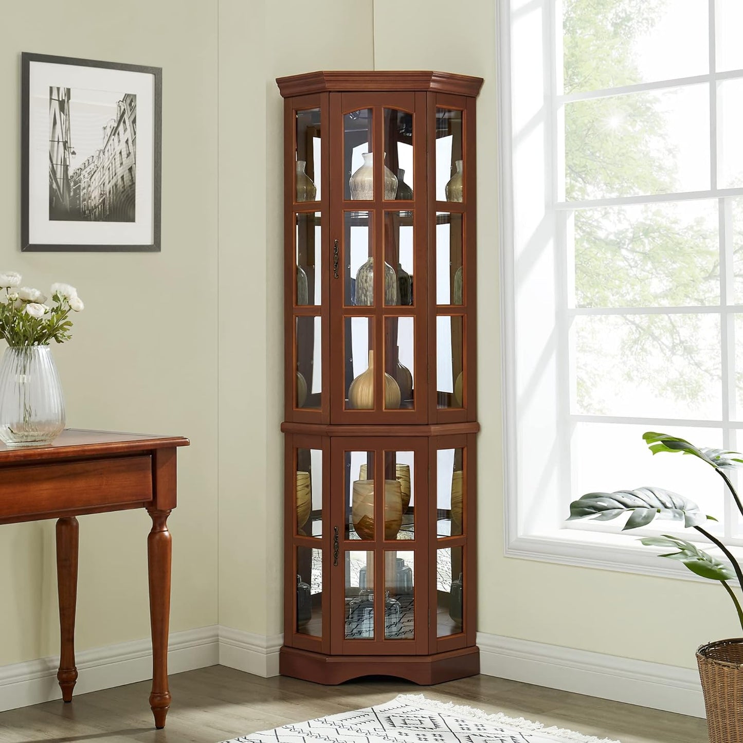 Corner Curio Cabinet with 5 Shelves and Lighting System, Walnut(E26 light bulb not included)