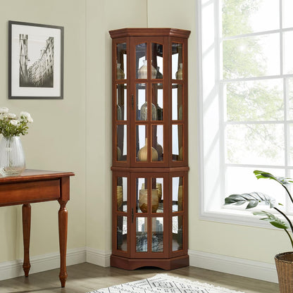 Corner Curio Cabinet with 5 Shelves and Lighting System, Walnut(E26 light bulb not included)