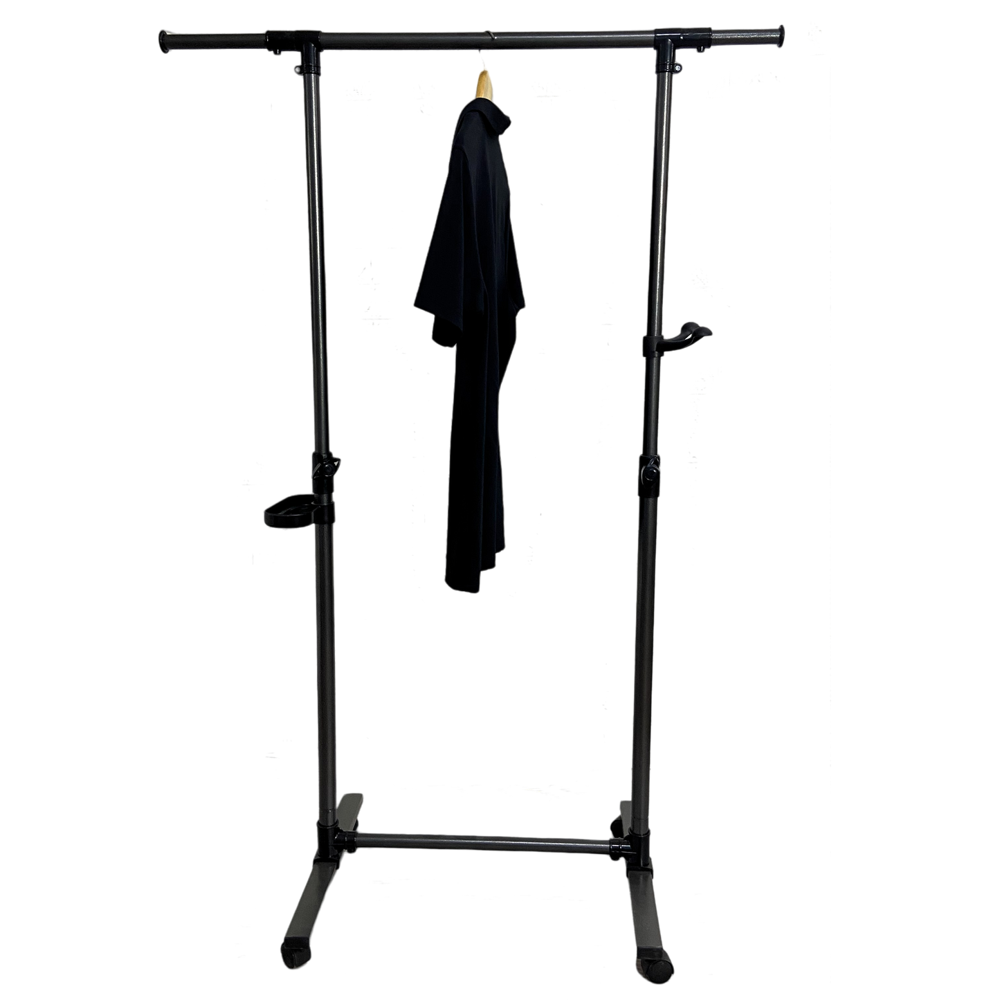 Short clothes hanger with chassis and wheels, heavy-duty rolling clothes hanger, black